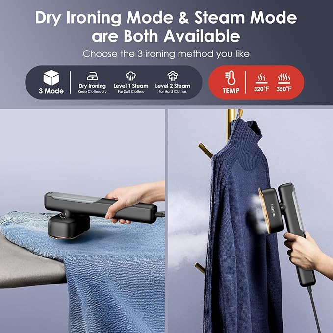 FEPPO Travel Steamer for Clothes, 110-240V Dual Voltage Portable Steamer & Iron 2 in 1, Fast Heat Up, 1100W Powerful Garment Steamer, Large Ceramic Heat Panel for Home & Global & Europe Traveling