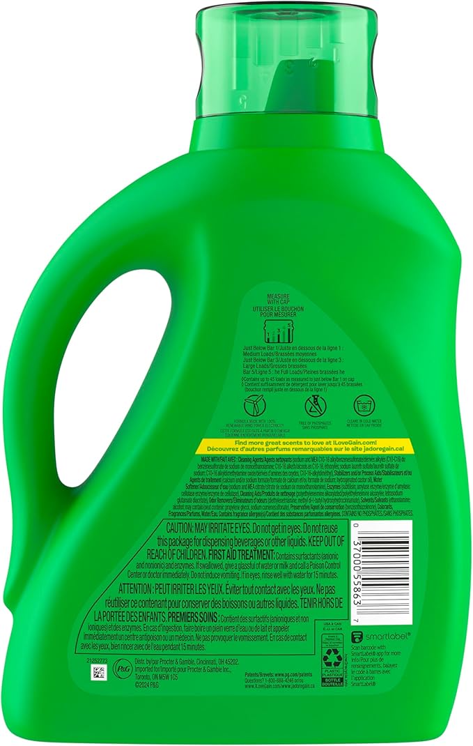 Gain Liquid Laundry Detergent, Original Scent, 65 fl oz x 2, 45 x 2 loads, Freshness + Odor Fighting, High efficiency washing machine iquid cleaning soap
