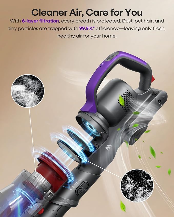 Cordless Vacuum Cleaner 45KPA, Up to 60mins Runtime Lightweight Powerful Suction Vacuum Cleaners for Home, 3 Suction Modes, Rechargeable Stick Vacuum for All Floor/Carpet/Pet Hair/Car, A03