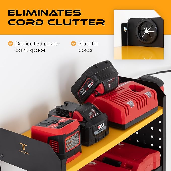 Power Tool Organizer - Wall Mount Storage for Garage Organizes 4 Cordless Drills & Tools - Easy Assembly Heavy Duty Rack has Pegboard Sides Shelves & Hooks - Neatly Holds Screwdrivers & Drill Bits