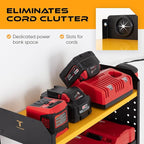 Power Tool Organizer - Wall Mount Storage for Garage Organizes 4 Cordless Drills & Tools - Easy Assembly Heavy Duty Rack has Pegboard Sides Shelves & Hooks - Neatly Holds Screwdrivers & Drill Bits