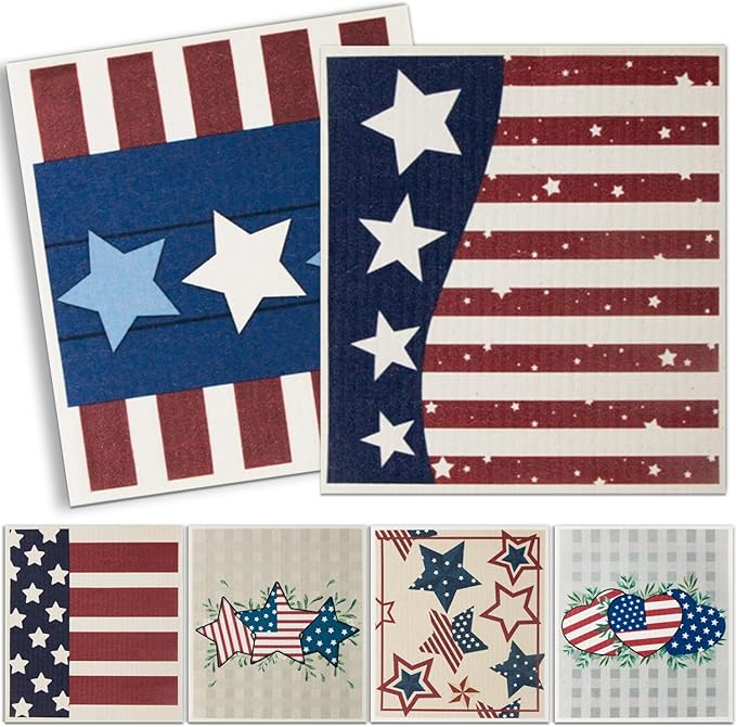 6 Packs Swedish Kitchen Dish Cloths - Reusable Paper Towels for Counters & Dishes - Eco-Friendly Cellulose Sponge Cloth - Assorted (Flag)