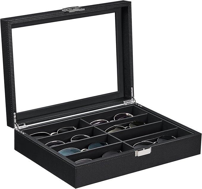BEWISHOME Sunglasses Organizer, Glasses Organizer, 8-Slot Sunglasses Case for Men, Eyeglasses Storage Box with Clear Glass Top, Smooth PU Leather Interior, Black SSH38C