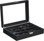 BEWISHOME Sunglasses Organizer, Glasses Organizer, 8-Slot Sunglasses Case for Men, Eyeglasses Storage Box with Clear Glass Top, Smooth PU Leather Interior, Black SSH38C