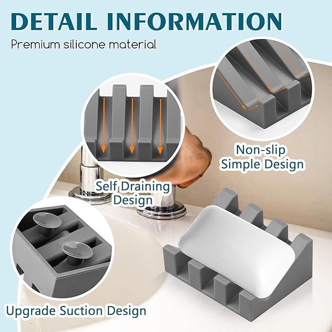 Silicone Soap Dish with Drain, Upgrade Double Suction Cups at The Bottom for Anti-Slip and Stability, Soap Dish Shower Waterfall Bar Soap Holder Tray with Drain Soap Holder (3, Grey)