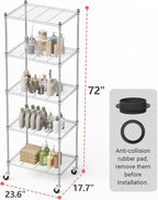 Garage Shelving with Wheels, 5 Tier Shelving Unit and Adjustable Feet, 865 lb High Capacity Rolling Storage Shelf for Kitchen, Office, Dining Room, Garage(23.6"x 17.7"x 72"), Chrome