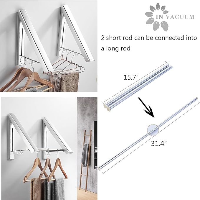 IN VACUUM Clothes Drying Rack Folding Indoor, Folding Drying Racks for Laundry Room Closet Storage Organization, Aluminum, Easy Installation (2 Racks with Rod, Sliver)