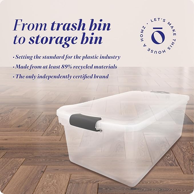 HOMZ 2-Pack Latching Lid, Large Clear Plastic Storage Bins with Lids, 66 Quart, Gray Latch - Stackable Container Boxes for Home, Bathroom, and Office Organization