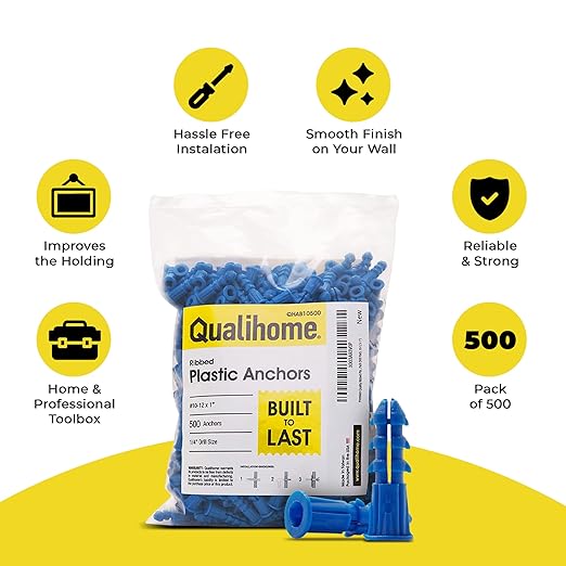 Qualihome Ribbed Plastic Drywall Anchors - Wall Anchors for Drywall - Plastic Screw Anchors for Secure Fastening (Bulk Pack, #10-12 x 1)