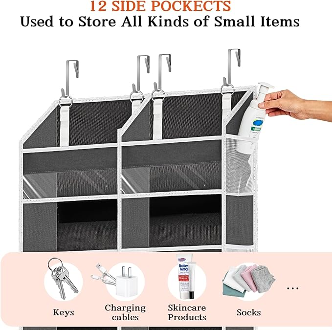 2 Pack Over The Door Organizer 6 Tiers, Extra Large Behind Door Storage of 12 Compartments, 80 lbs Weight Capacity Hanging Storage Organizer with Clear Window Kids Toys,Shoes (6 Tiers - Grey)