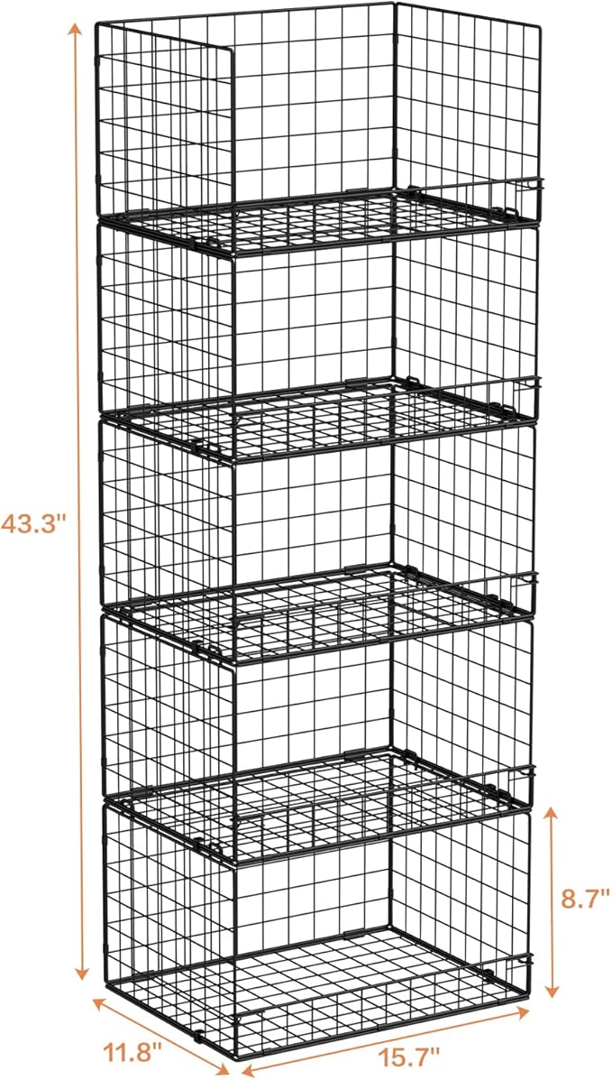 5-Tier Stackable Closet Organizers and Storage Shelves, Closet Shelf Organizer Basket Bins, Foldable Sweater Storage for Closet Organizer System, Black（Patent Pending）