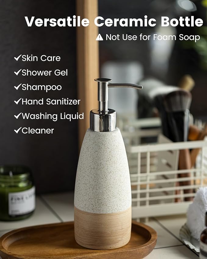 12 oz Dish Soap Dispenser with Plastic Pump & Stainless Steel Pump for Hand Soap, Shampoo, Lotion, Conditioner, Ceramic Refillable Soap Bottle with Silicone Funnel for Bathroom & Kitchen, White