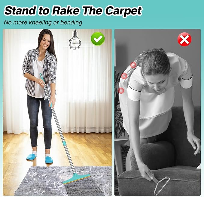 Carpet Rake for Pet Hair Removal, Reusable Cat Dog Hair Remover with 45’’ Long Handle Advanced Lint Remover Scraper for Carpets, Rugs, Mats, Couch