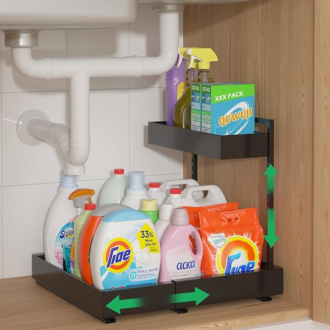 REALINN Expandable Under Sink Organizers and Storage, 2 Tier Under Cabinet Organizer, Heights Adjustable Pull Out Rack for Kitchen Bathroom Laundry, Black, 1 Pack