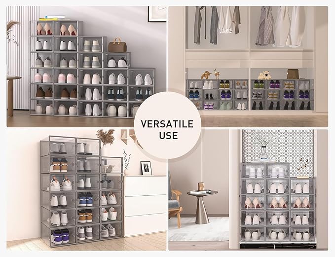 Kuject X-Large Shoe Storage Boxes Organizers Clear Plastic Stackable 12 Pack, Shoe Rack & Holder Substitute, Sneaker Containers, Toy Storage Organizer Bins for Entryway, Closet, Under Bed, Grey