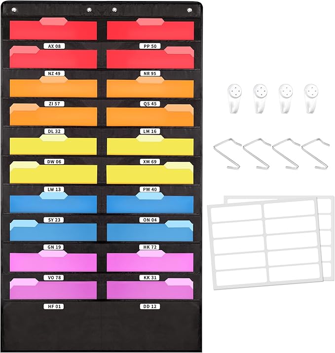 Annecy 20 Pockets Hanging Wall File Organizer, Black Storage Pocket Chart for File Folder and Paper, Space Saver for Office and Classroom, with Wall Hangers, Over The Door Hooks, Labels