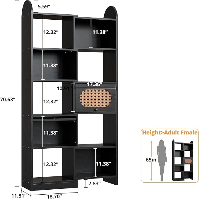 IRONCK 6 Tier Bookshelf and Bookcase with 2 Rattan Design Flip-top Storage Cabinets, 8 Cube Bookcases Display Storage Shelves Organizer for Living Room, 35.4" Black