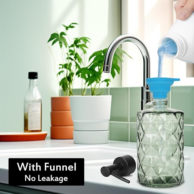 Green Glass Soap Dispenser with Black Plastic Pump, 12oz Clear Crystal Refillable Liquid Hand Soap Dispenser, Diamond Design Lotion Dispensers for Hand Soap, Soap, Lotion