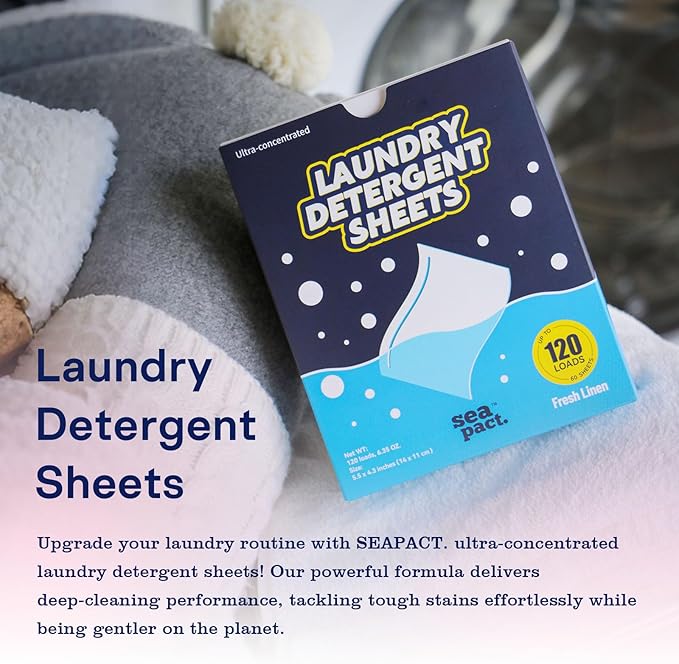 Laundry Detergent Sheets 120 Loads, Fresh Linen Scent, No Plastic No mess, Pre-Measured for Deep Clean Hypoallergenic, Space Saving, easy for Dorm Apartment house Travel, Quick Dissolve, 60 Ct