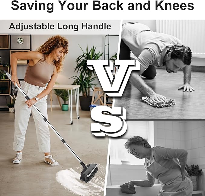 Floor Scrub Brush with Long Handle, Adjustable Stainless Steel Handle, Stiff Bristles & Rubber Squeegee Scraper, Heavy Duty Scrubber, Ideal for Cleaning Floor, Concrete, Deck, Hardwood, Patio, Tile