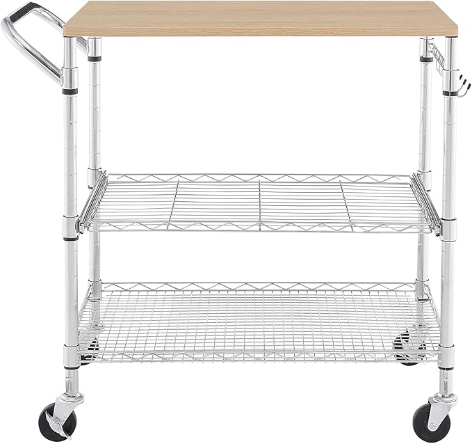 3 Tier Rolling Kitchen Cart with Wood Tabletop, Kitchen Island Carts with Wheels & Slider Shelf, Microwave Cart on Wheels, Coffee Cart with Hooks, 35.4" L*18.1" W*31.9" H，Wood+Chrome