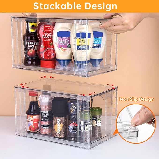 2Pack Large Stackable Storage Drawers,Clear Acrylic Organizers with Handle,Easily Assemble for Kitchen Undersink,Bathroom,Cabinet,Makeup,Closet,Medicine,Pantry Organization Bins