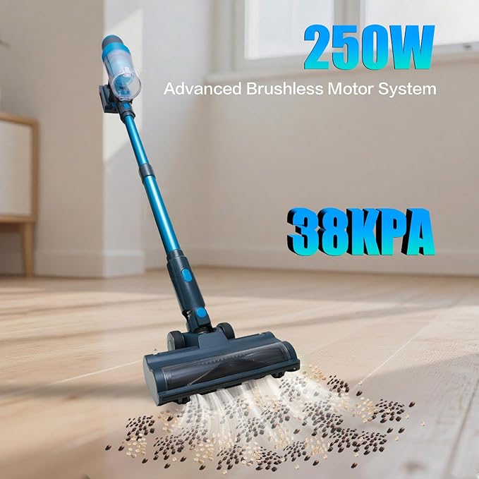 Cordless Vacuum Cleaner, 250W/38kPa/65Mins-8-in-1 Stick Vacuum Cleaners for Home Rechargeable for Pet Hair/Rugs/Hard Floors| 1.2L Dustbin, Anti-Tangle | Self-Standing, Ideal for Car, Apartment