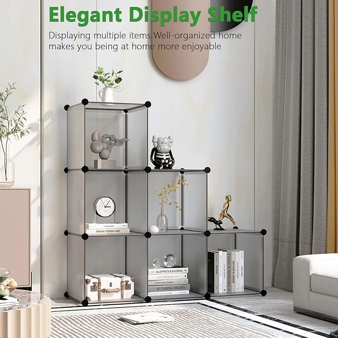 C&AHOME Cube Storage Organizer, 6-Cube Shelves Units, Closet Cabinet, DIY Plastic Modular Book Shelf, Ideal for Bedroom, Living Room, Office, 36.6" L x 12.4" W x 36.6" H Grey UPCS06G