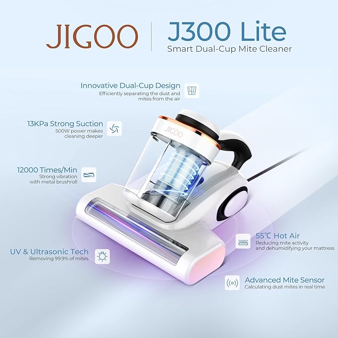 J300 Lite Mattress Vacuum Cleaner，Bed Vacuum Cleaner with Dust Sensor with 253.7nm UV-C Light，Ultrasonic and High Heating Multifunctional Handheld Vacuums for Bed, Sofa, Couch （Corded）