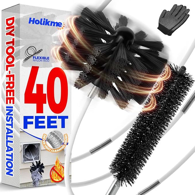 Holikme 40 Feet Dryer Vent Cleaner Kit, Flexible Lint Brush with Drill Attachment, Extends Up to 40 Feet for Easy Cleaning, Synthetic Brush Head, Use with or Without a Power Drill