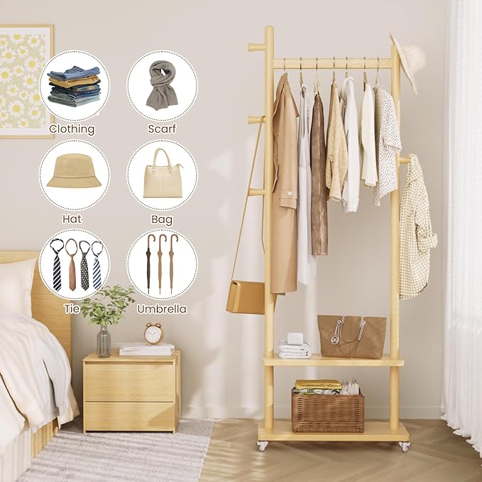 Coat Rack Freestanding Clothing Rack with Wheels & 2 Shelves Storage & 5 Hooks Heavy Duty Clothes Rack Wood Coat Tree Stand Hat Hanger Rack for Corner Bedroom Entryway Living Room Hotel Size L