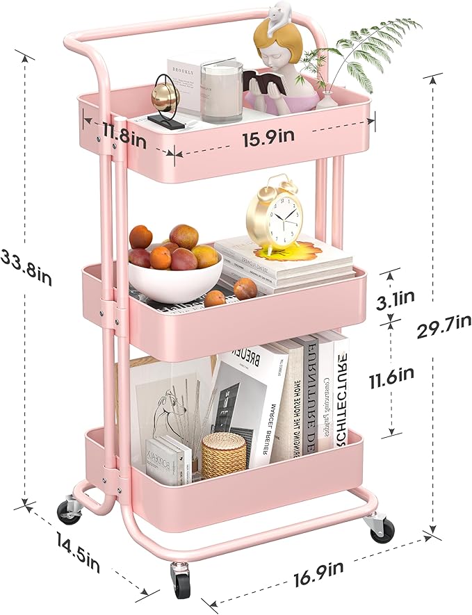 Metal Rolling Storage Cart, 3-Tier Utility Cart with Wheels, Multifunctional Organizer Storage for Kitchen, Bedroom, Office, Laundry Room, Dorm Room Essentials (Pink)