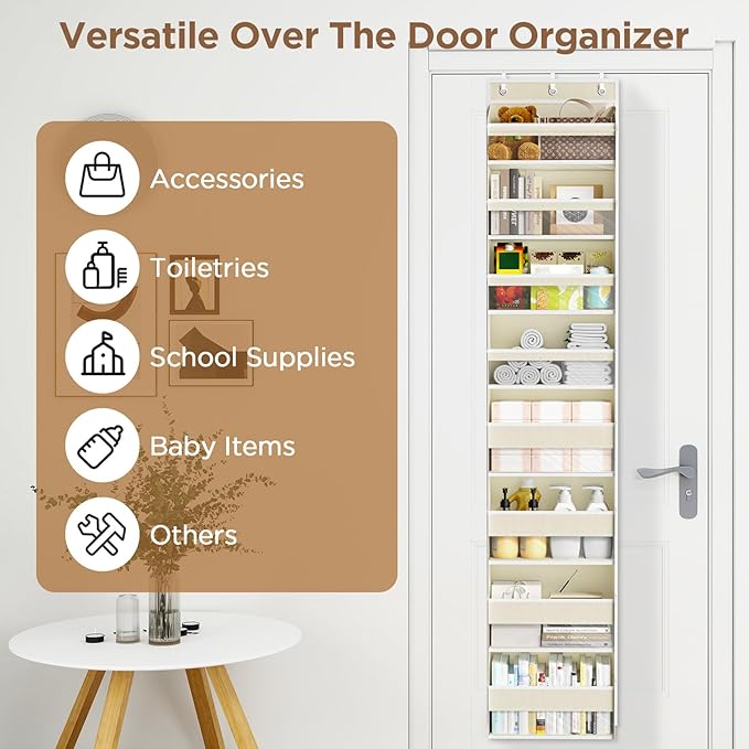 Over The Door Organizer, 8 Shelf Door Hanging Organizers with 8 Large Capacity Pockets, Back of Door Organizer Storage Hanging Shelves for Closet Bathroom Bedroom Nursery