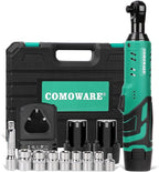 COMOWARE 3/8 Cordless Electric Ratchet Wrench Kit, 40ft-lbs Torque, 12V Power, 8 Sockets, LED Light, Fast Charger, Ergonomic Design