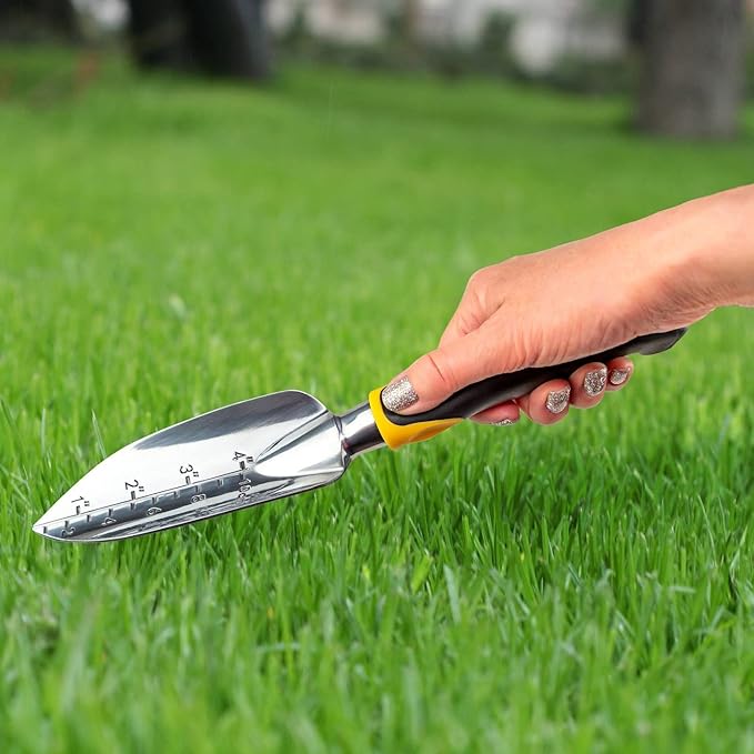 ⭐️ Gardenera 3PC Garden Tool Set with Soft Rubberized Non-Slip Handles - Hand Trowel, Transplant Trowel, Hand Rake in Polished Aluminum - Ideal for All Gardening Needs and The for Gardeners 🎁