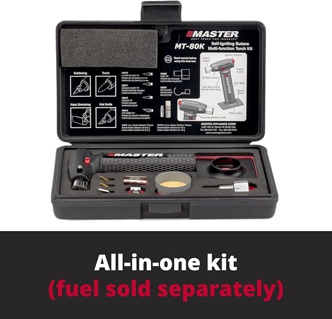 Master Appliance MT-80K Butane Micro Torch Kit [Butane Torch, Flameless Heat Tool, Soldering Iron & Hot Knife] Hand Held, Refillable with Butane Fuel, Adjustable Flame, Case with Attachments