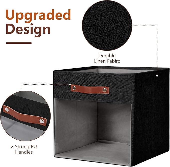 Storage Cube Organizer with Clear Window, Linen Collapsible Storage Boxes with PU Handles, Cube Storage Bins for Shelf, Closet, Cabinet, Bookcase (13x13x13, Black)