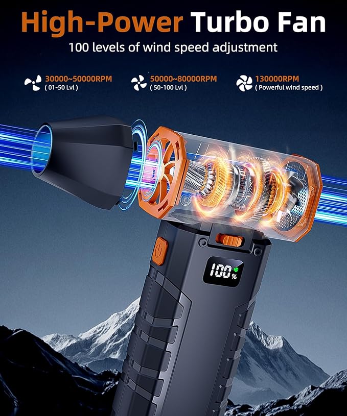 Compressed Air Duster - 100 - Gear Adjustable 130,000 RPM Rechargeable Cordless Electric Air Duster with Display Screen, Mini Dust Blower for Computer, Keyboard, Home, Car Cleaning (Black + Orange)