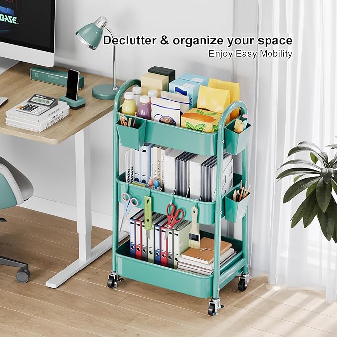 Green 3 Tier Rolling Cart Metal with Lockable Wheels, Three Tiered Craft Cart Organizer on Wheels, Utility Storage Carts for Art, Baby Supplies, Diaper Caddy, Snack, Pantry, Nail, Lash, Cleaning