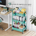 Green 3 Tier Rolling Cart Metal with Lockable Wheels, Three Tiered Craft Cart Organizer on Wheels, Utility Storage Carts for Art, Baby Supplies, Diaper Caddy, Snack, Pantry, Nail, Lash, Cleaning