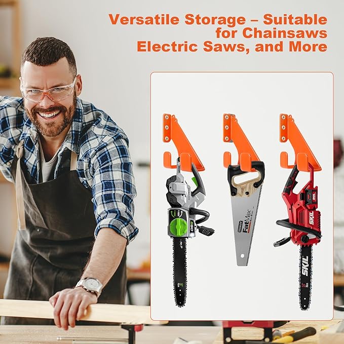 Chainsaw Hanger,Heavy Duty Chainsaw Hanger, 2 Pack Wall Mount Rack, Durable Chainsaw Storage Holder for Garage & Shed, Anti-Scratch Chainsaw Hook for Space-Saving Organization
