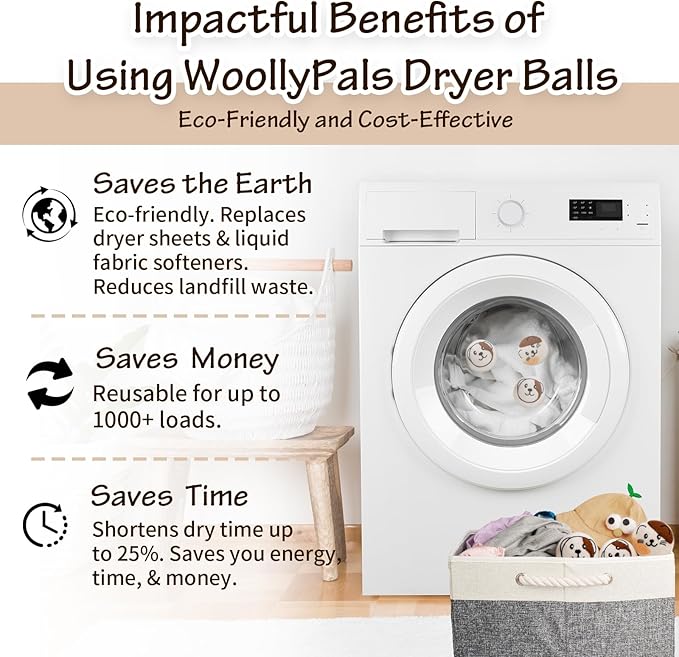 WoollyPals Wool Dryer Balls (6-Pack, XL Size)- 100% New Zealand Organic Wool - Sustainable & Eco-Friendly - Dry 1,000 Loads, Replaces Dryer Sheets, Reduces Static Cling, Reusable (Multi Colour)