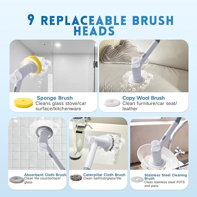 Electric Spin Scrubber,Spray with Foam Cordless Cleaning Brush, 2-Speed Shower Scrubber, Shower Cleaning Brush with 8 Replaceable Brush Heads, Adjustable Removable Handle for Bathroom, Kitchen-White