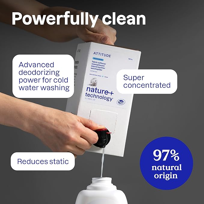 ATTITUDE Liquid Fabric Softener, Plant-Based & Vegan, HE Compatible, Naturally Derived, Citrus Zest Scent, 40 Loads, 33.8 Fl Oz