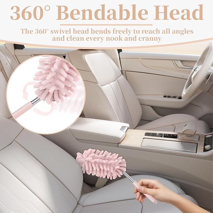 2 PCS Car Interior Duster with Extension Pole, Microfiber Car Duster with Bendable Head, Cars Dusters Exterior&Interior Scratch Free, for Cleaning of Vehicle Details, Offices, Windows(Pink)