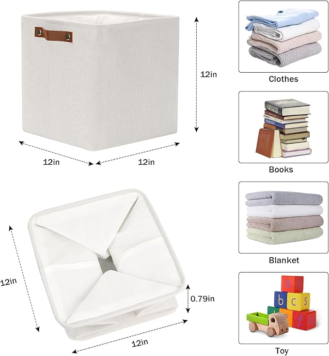 HNZIGE Foldable Cube Storage Bin(4 Pack ) Storage Baskets for Shelves, Closet,12x12 Storage Cube Bins Baskets for Cube Organizer, Fabric Storage Cubes for Storage Home Organization(Cream)