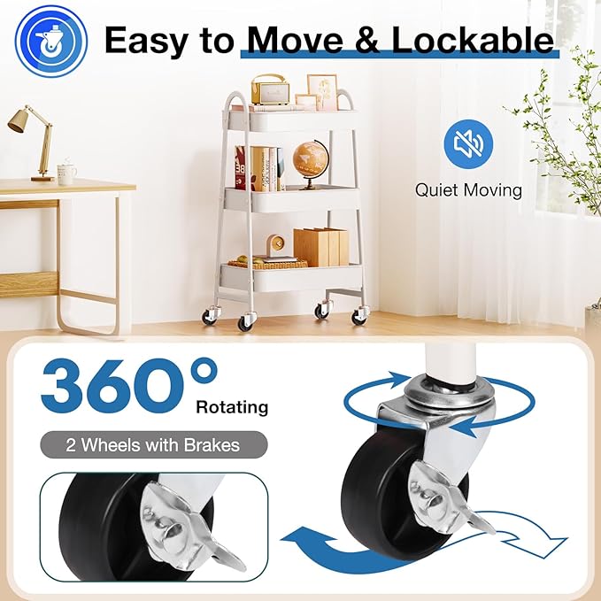 OLIXIS 3 Tier Utility Rolling Cart, Metal Mobile Storage Shelf with Lockable Caster Wheels, Organization for Livingroom, Bathroom, Kitchen, & Narrow Places, White
