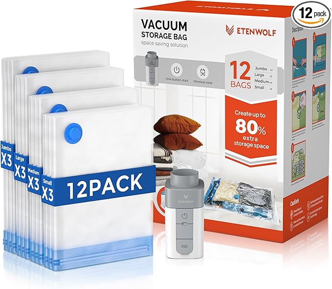 ETENWOLF 12 Pack Vacuum Storage Bags with Rechargeable Wireless Pump, Vacuum Seal Bags for Clothes and Travel, Space Saver Bags in Multiple Carry-On Sizes, Perfect for Luggage and Suitcases