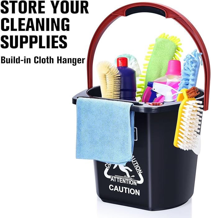 Matthew Cleaning 4.2 Gallon Mop Bucket, Heavy Duty Plastic Cleaning Bucket with Built-in Pour Spout, Mop Holder and Comfort Grip Handle, House and Commercial Cleaning Supplies, 2 Pack Black