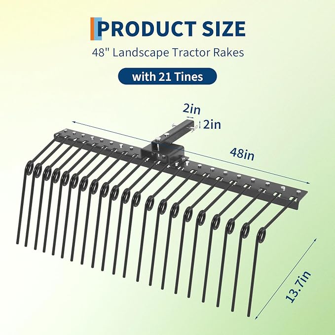 Pine Straw Rake, 48 Inch Landscape Rake for 2" Receiver, Fits Lawn Tractors & ATV/UTV | Heavy-Duty Powder Coated Steel Construction | Yellow